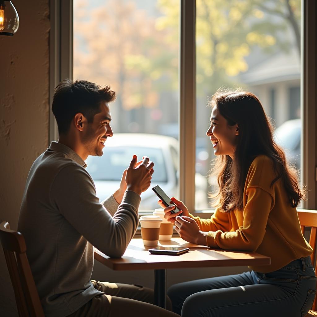 Hai người bạn mới gặp nhau lần đầu tại quán cà phê sau khi bắt đầu mối quan hệ bạn bè từ một STT online.