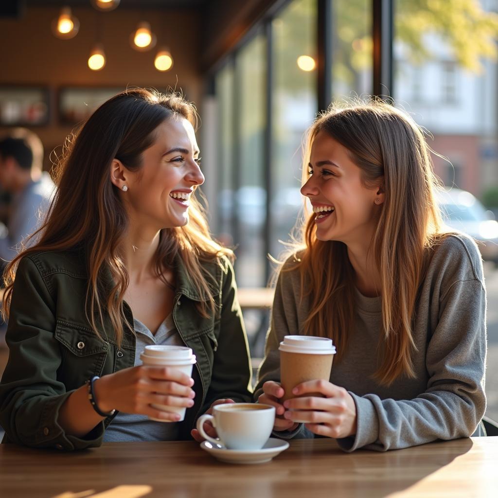 Hai người bạn gặp nhau lần đầu tại một quán cà phê công cộng, tượng trưng cho việc chuyển từ tình bạn online sang đời thực một cách an toàn.