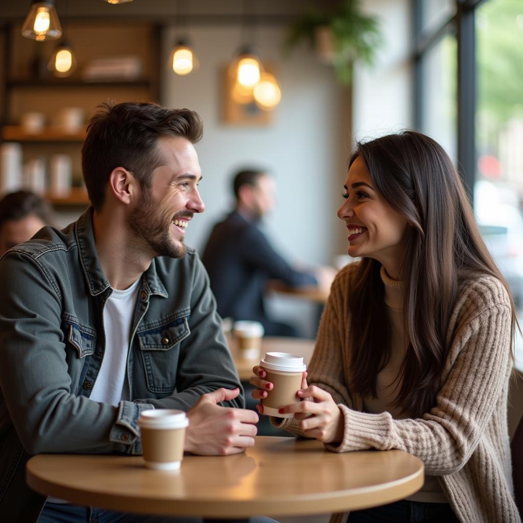 Hình ảnh hai người bạn gặp mặt lần đầu tại một quán cà phê công cộng, đảm bảo an toàn
