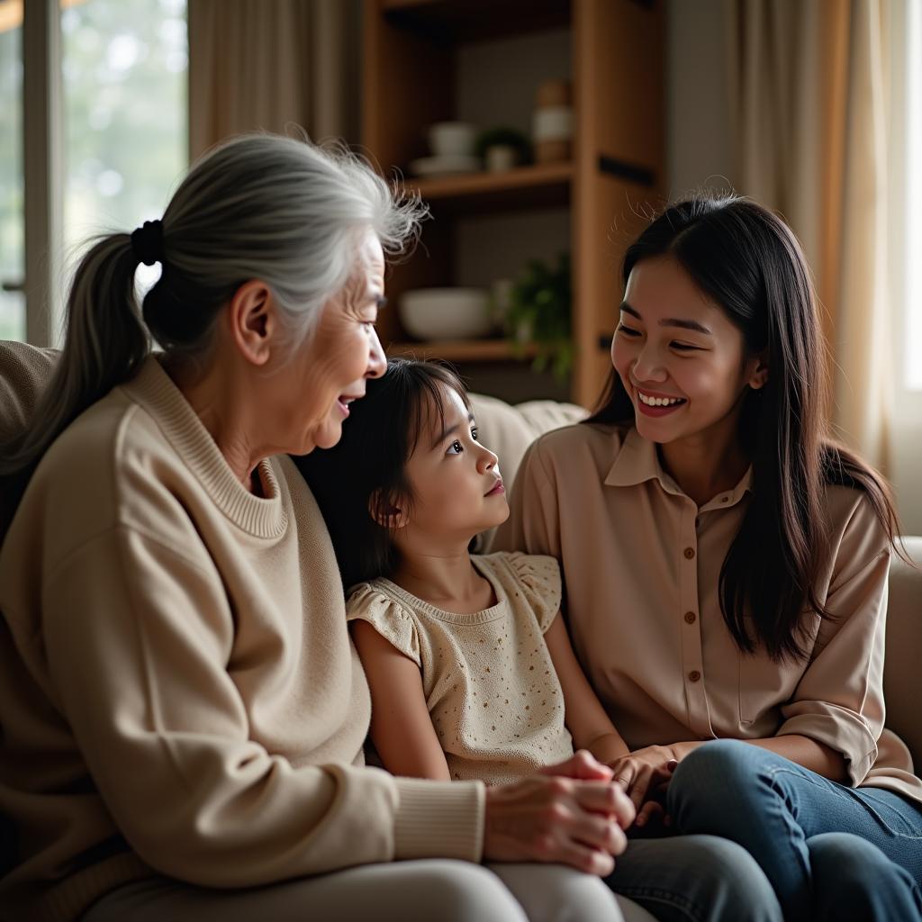 Hình ảnh một gia đình nhiều thế hệ đang lắng nghe và trò chuyện, thể hiện sự giao tiếp tích cực giữa người thân.
