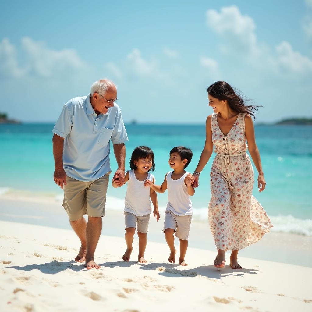 Hình ảnh gia đình ba thế hệ Việt Nam hạnh phúc dạo bước trên bãi biển, thể hiện sự gắn kết tình thân trong chuyến du lịch chung.
