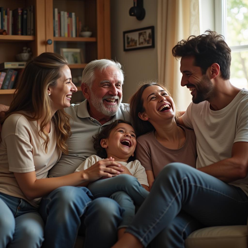 Khoảnh khắc người thân và bạn bè LGBTQ+ cùng nhau cười đùa vui vẻ trong phòng khách ấm cúng, thể hiện sự chấp nhận và hòa hợp