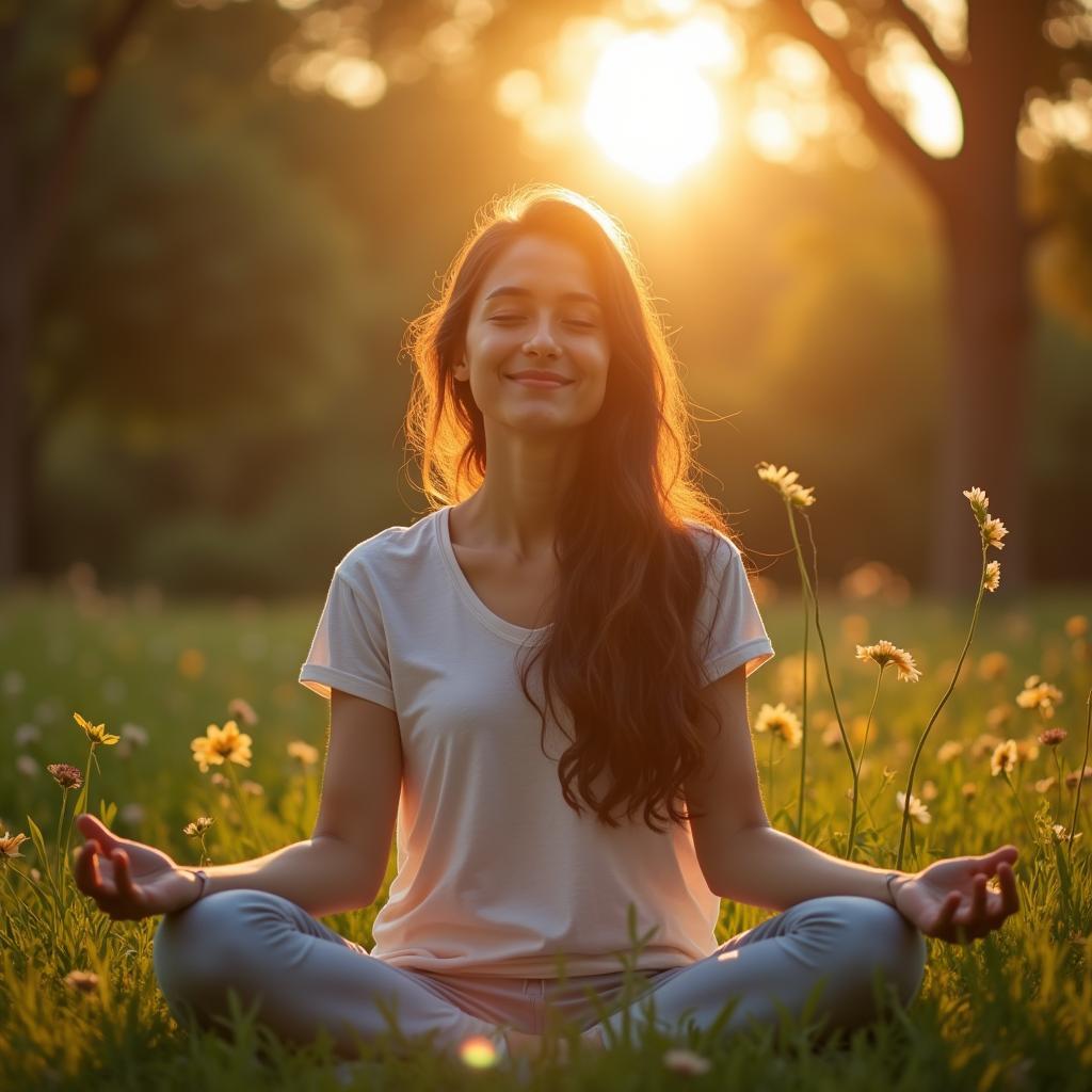 Hình ảnh một người đang ngồi thiền tĩnh lặng trong một khu vườn yên bình, ánh nắng ban mai chiếu rọi, tượng trưng cho sự bình an trong tâm trí sau khi đối mặt với những giấc mơ khó khăn