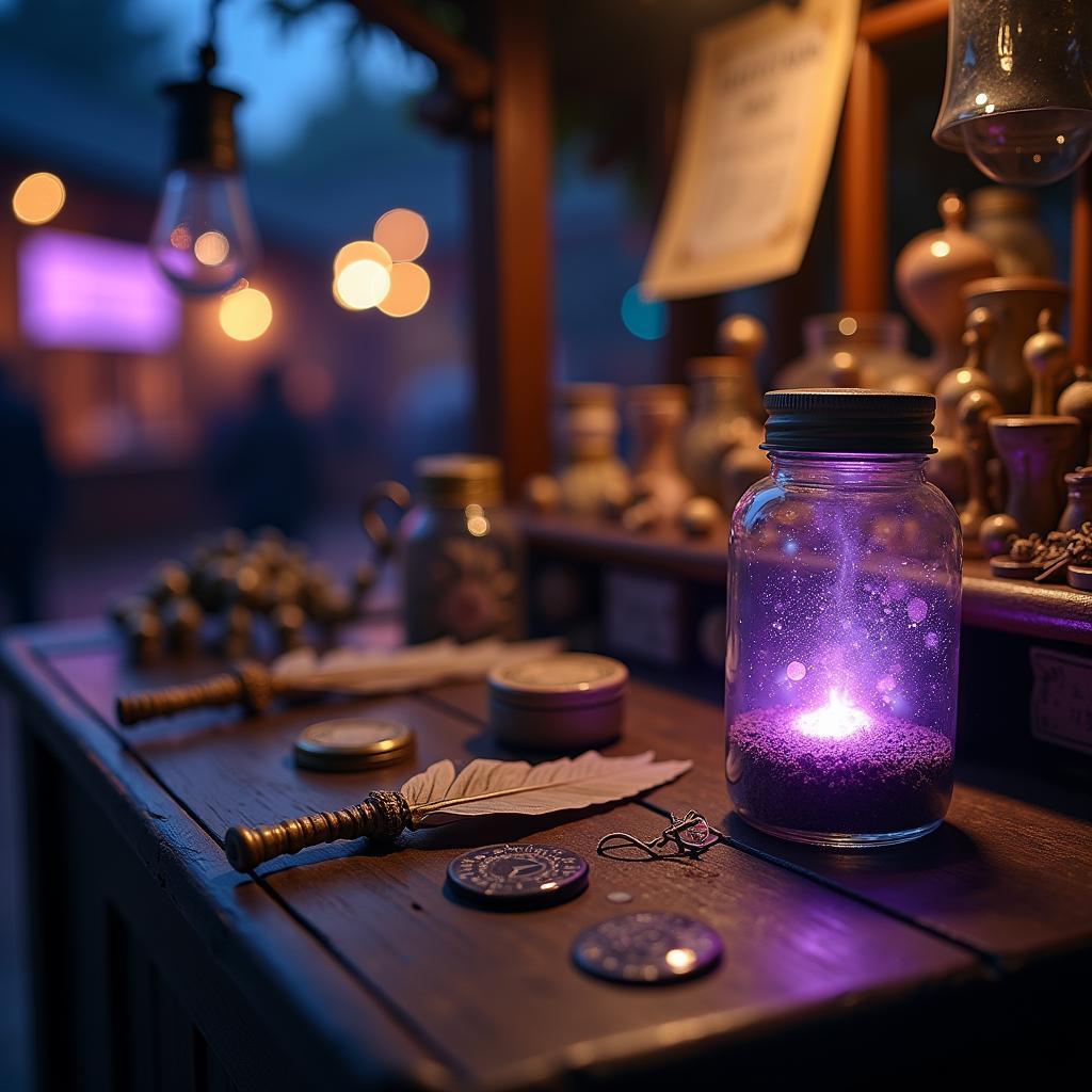 Hình ảnh gian hàng bán đồ vật kỳ lạ trong giấc mơ thấy chợ đêm, tượng trưng cho tài năng tiềm ẩn và cơ hội độc đáo