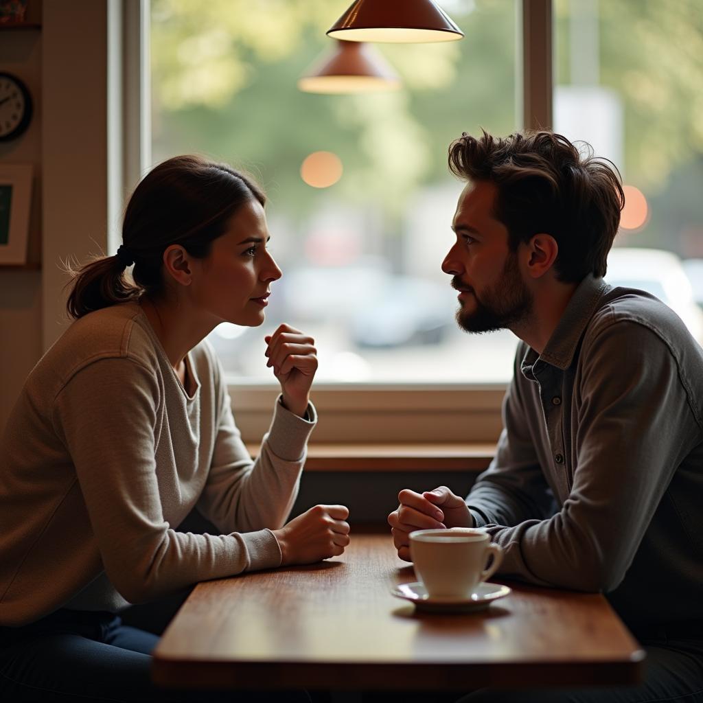 Hai người bạn thân đang ngồi đối diện, lắng nghe nhau một cách chân thành để giải quyết mâu thuẫn, thể hiện kỹ năng giao tiếp hiệu quả.