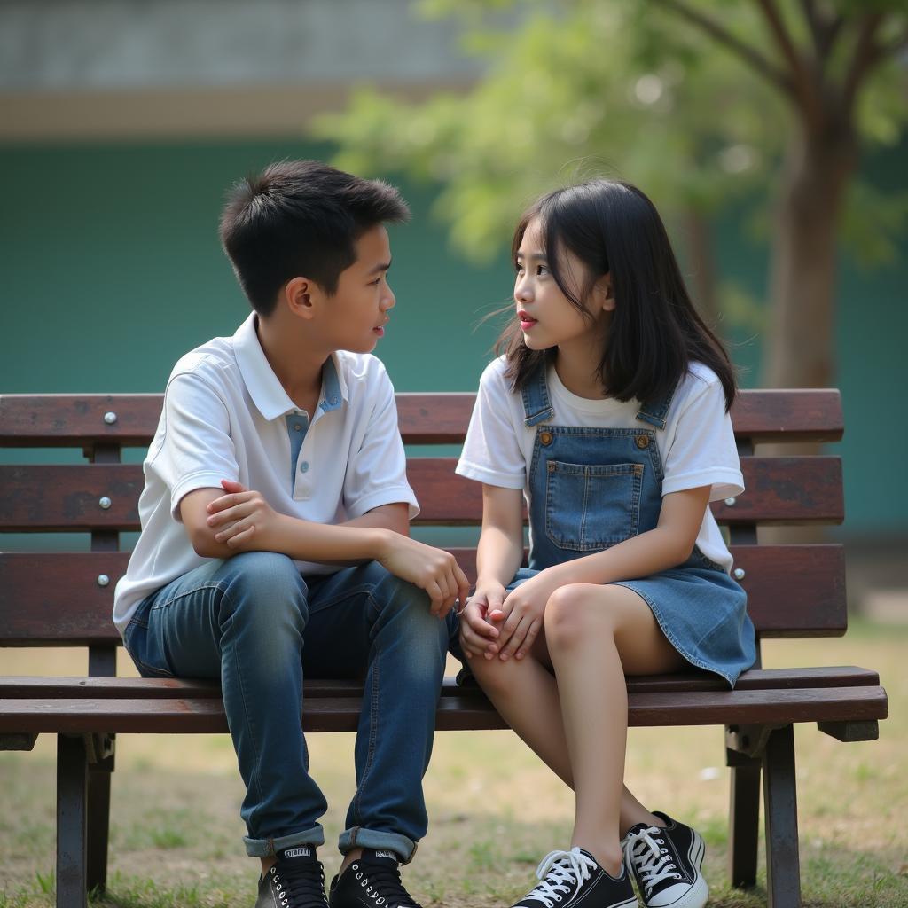 Hai bạn học sinh đang ngồi nói chuyện để tìm cách giải quyết mâu thuẫn bạn bè trong lớp một cách ôn hòa