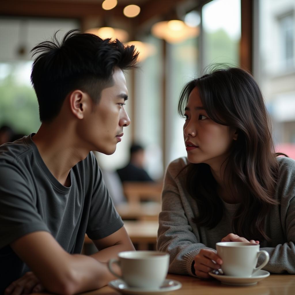 Hai người bạn đang ngồi đối diện nhau, cố gắng giải quyết xung đột và tránh những sai lầm phổ biến khi xung đột bạn bè