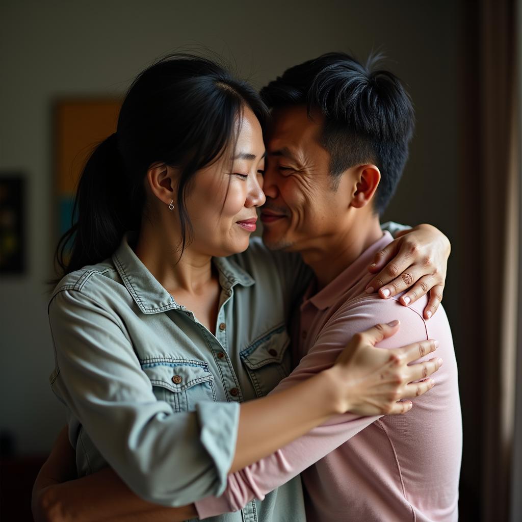 Hai người thân đang hòa giải sau mâu thuẫn, minh họa cho việc giao tiếp tích cực giúp giải quyết xung đột hiệu quả.