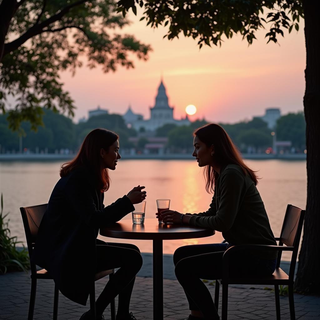 Hai người bạn đang ngồi nói chuyện chân thành để giải quyết mâu thuẫn trong chuyến đi, củng cố tình bạn.