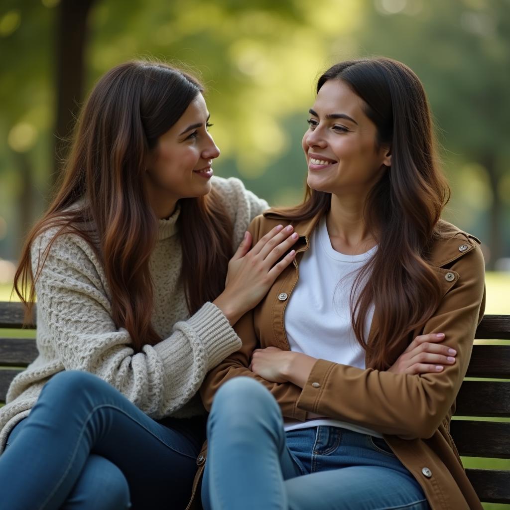 Hai người bạn đang an ủi nhau, thể hiện sự đồng cảm và sẵn sàng giải quyết mâu thuẫn trong tình bạn.