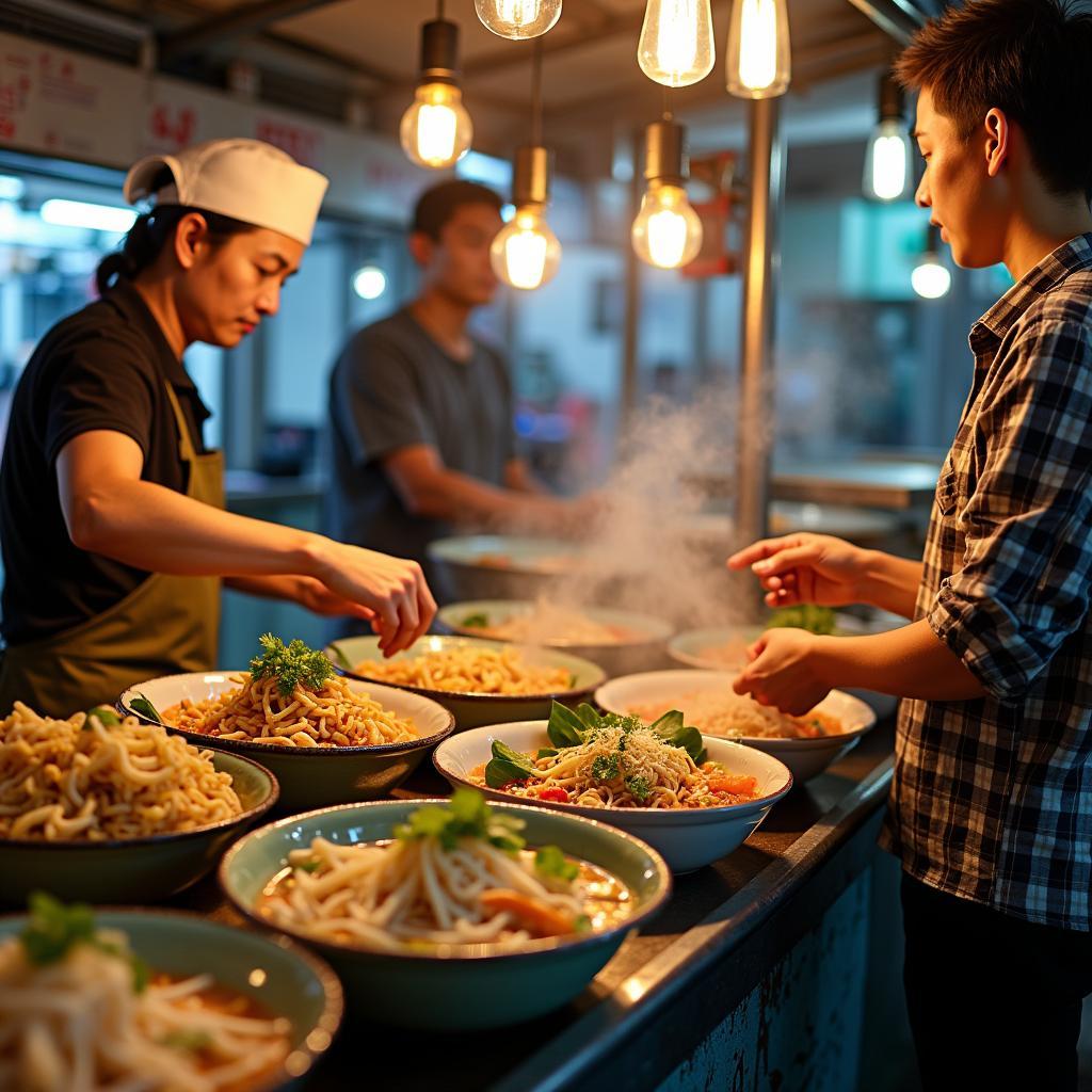 Một gian hàng ẩm thực hấp dẫn tại Chợ Phước Bình, Bình Phước với các món đặc sản địa phương nóng hổi