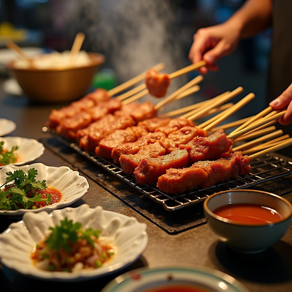 Gian hàng bán đặc sản nem nướng Ninh Hòa nổi tiếng tại khu ẩm thực Chợ Ninh Phước, TX. Ninh Hòa, T. Khánh Hòa.