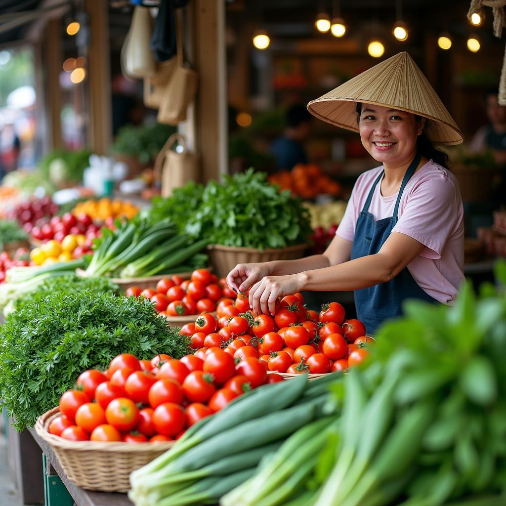 Gian hàng bán thực phẩm tươi sống với rau củ quả đa dạng tại Chợ La Cả, Dương Nội, Hà Đông.
