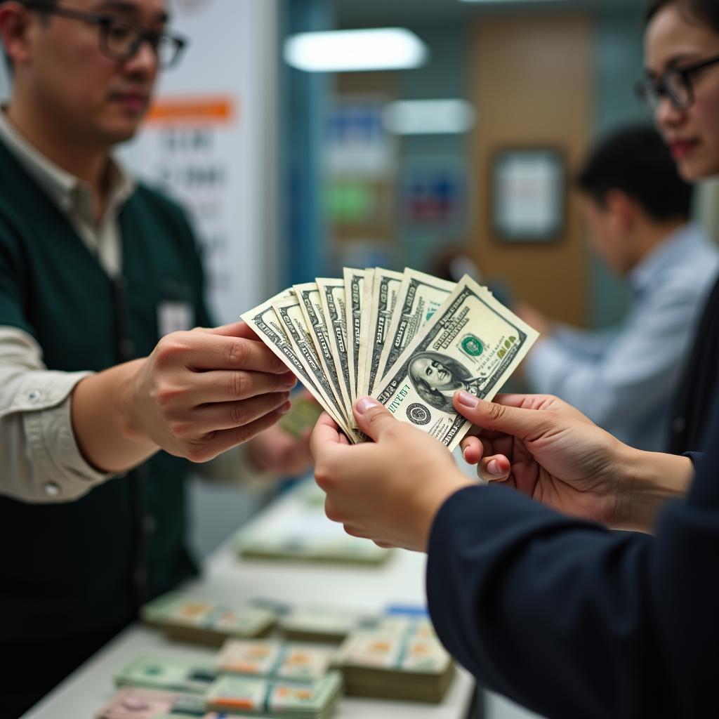 Khách hàng đang thực hiện giao dịch đổi tiền mặt nhanh chóng và chuyên nghiệp tại quầy thu đổi ngoại tệ Thiên Xuân.