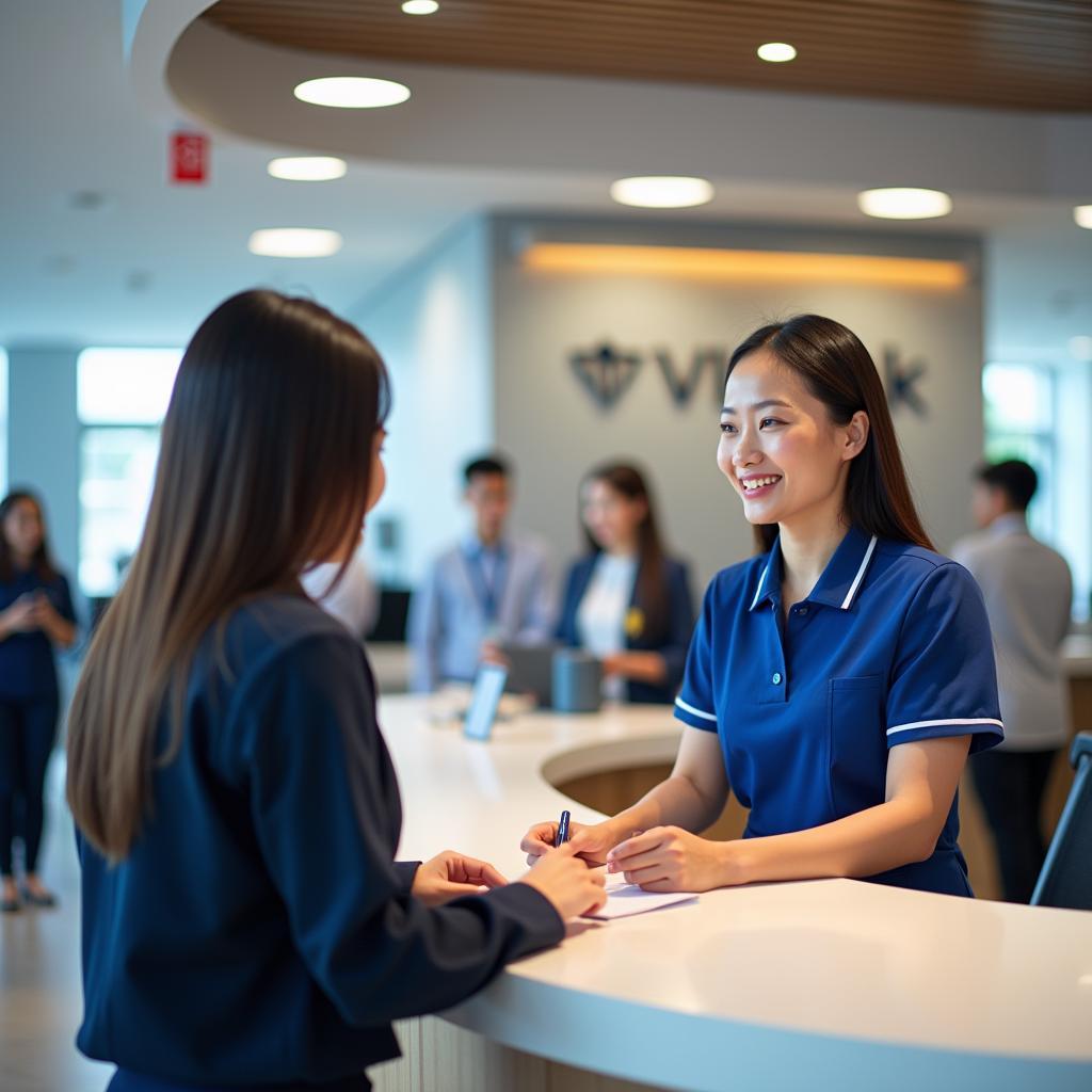 Giao dịch viên VietinBank Duy Tân đang chuyên nghiệp tư vấn, hỗ trợ khách hàng cá nhân tại quầy giao dịch hiện đại.