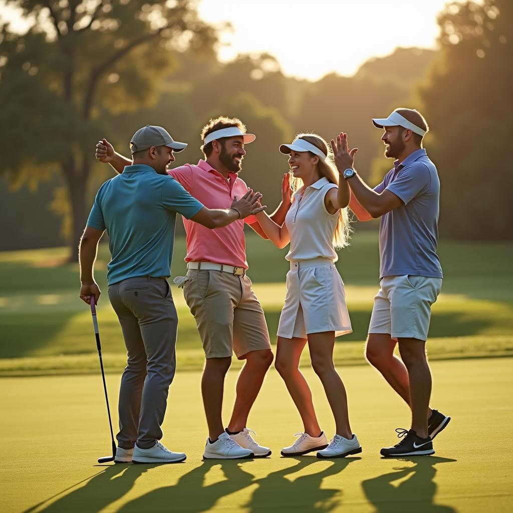 Nhóm bạn chơi golf cùng nhau ăn mừng một cú đánh đẹp, thể hiện sự gắn kết và niềm vui chung.
