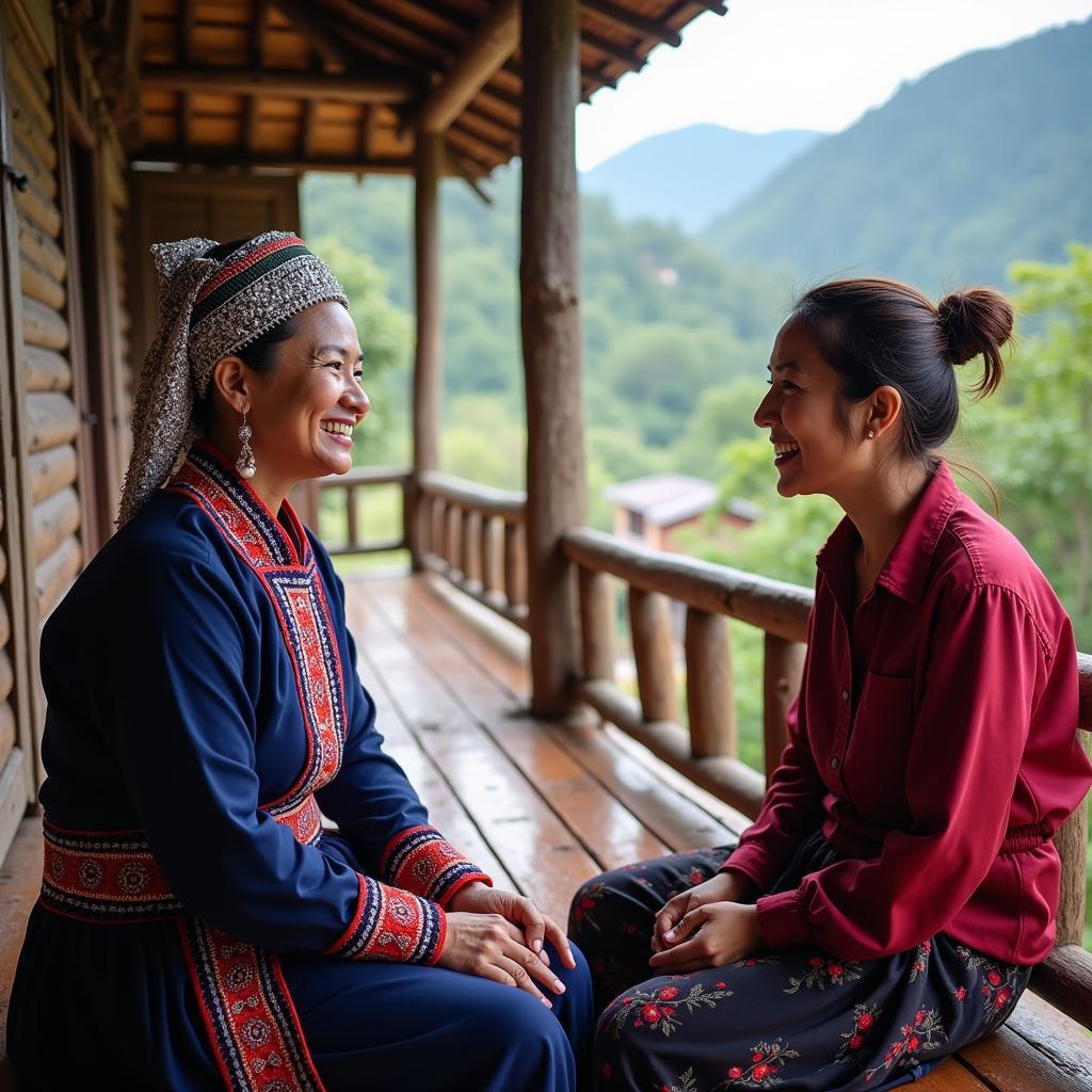 Du khách giao lưu cùng phụ nữ dân tộc Dao trong trang phục thổ cẩm truyền thống tại Pờ Ly Ngài