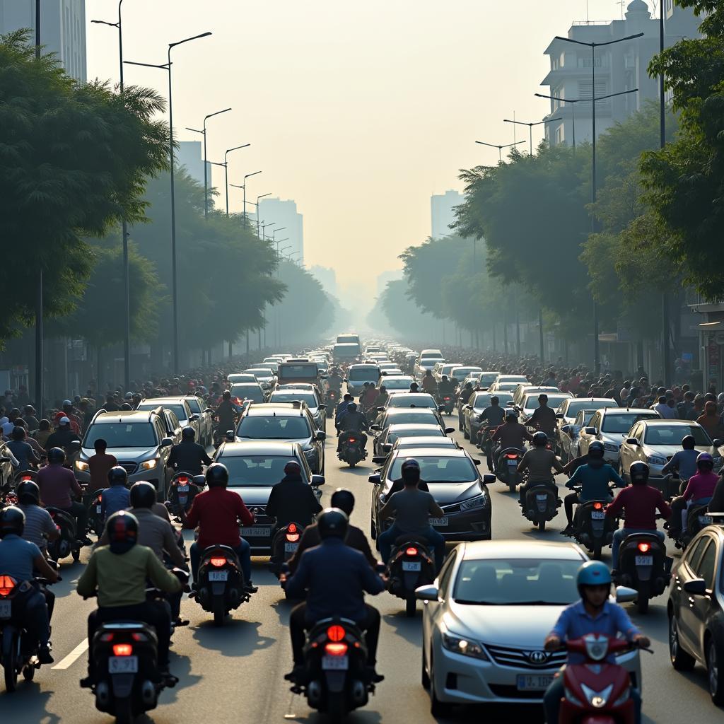 Cảnh tắc đường tại khu vực Cầu Lừ, Hoàng Mai, Hà Nội vào giờ cao điểm