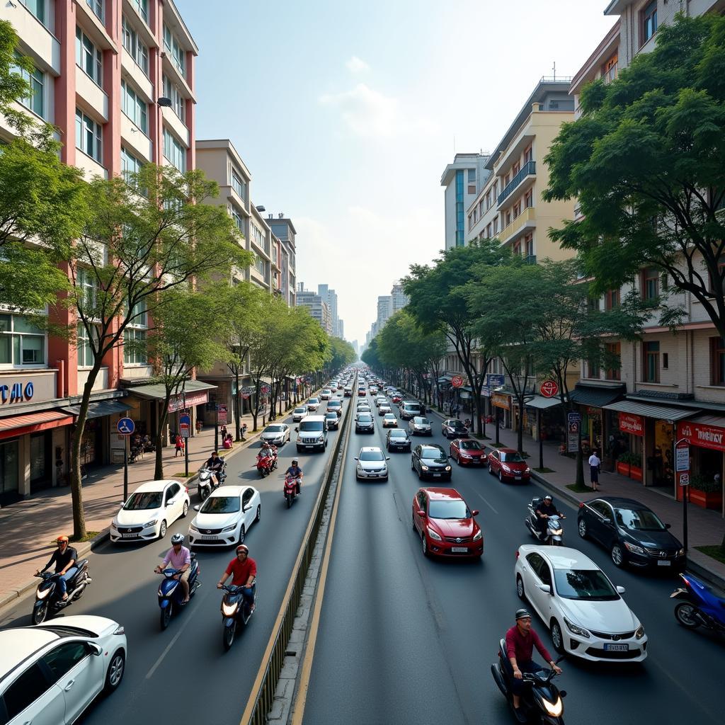 Hình ảnh giao thông đông đúc trên tuyến đường chính tại Phường Bình Tân, Quận Bình Tân