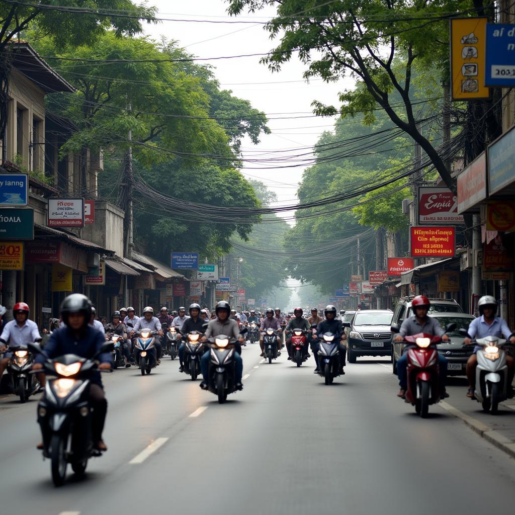 Hình ảnh giao thông tấp nập và đông đúc trên Phố Tựu Liệt, huyện Thanh Trì, Hà Nội vào giờ cao điểm.