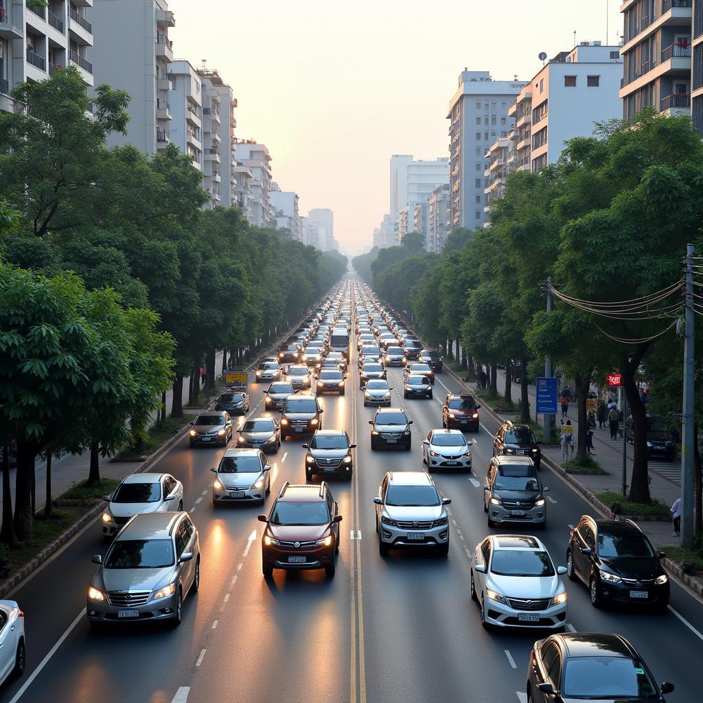 Cảnh quan giao thông trên một tuyến đường lớn ở Phường Định Công, Quận Hoàng Mai, Thành phố Hà Nội với xe cộ di chuyển và nhà cửa hai bên
