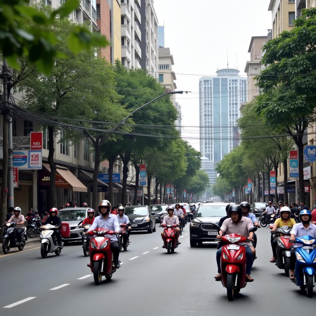 Hình ảnh giao thông tấp nập tại một góc đường ở Phường Tân Thuận, Quận 7 vào giờ cao điểm