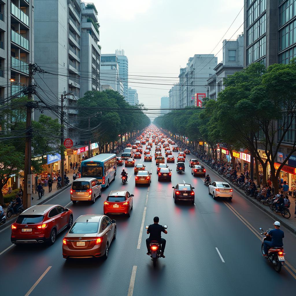 Giao thông sầm uất tại một ngã tư ở phường Dĩ An, Bình Dương với nhiều phương tiện di chuyển trên đường.