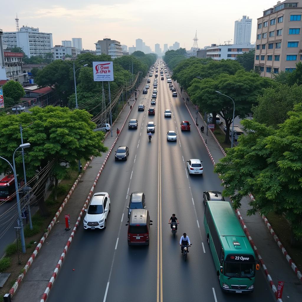 Hình ảnh giao thông tấp nập trên Quốc lộ 13 tại trung tâm Phường Bến Cát, Thị xã Bến Cát, Bình Dương.
