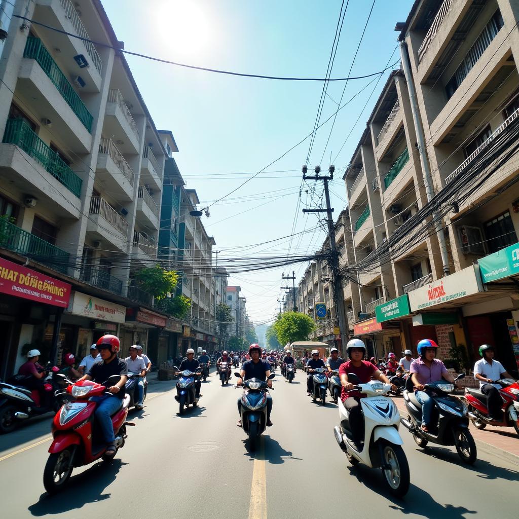 Hình ảnh giao thông tấp nập trên tuyến đường trung tâm của phường Phan Đình Phùng, Thái Nguyên.