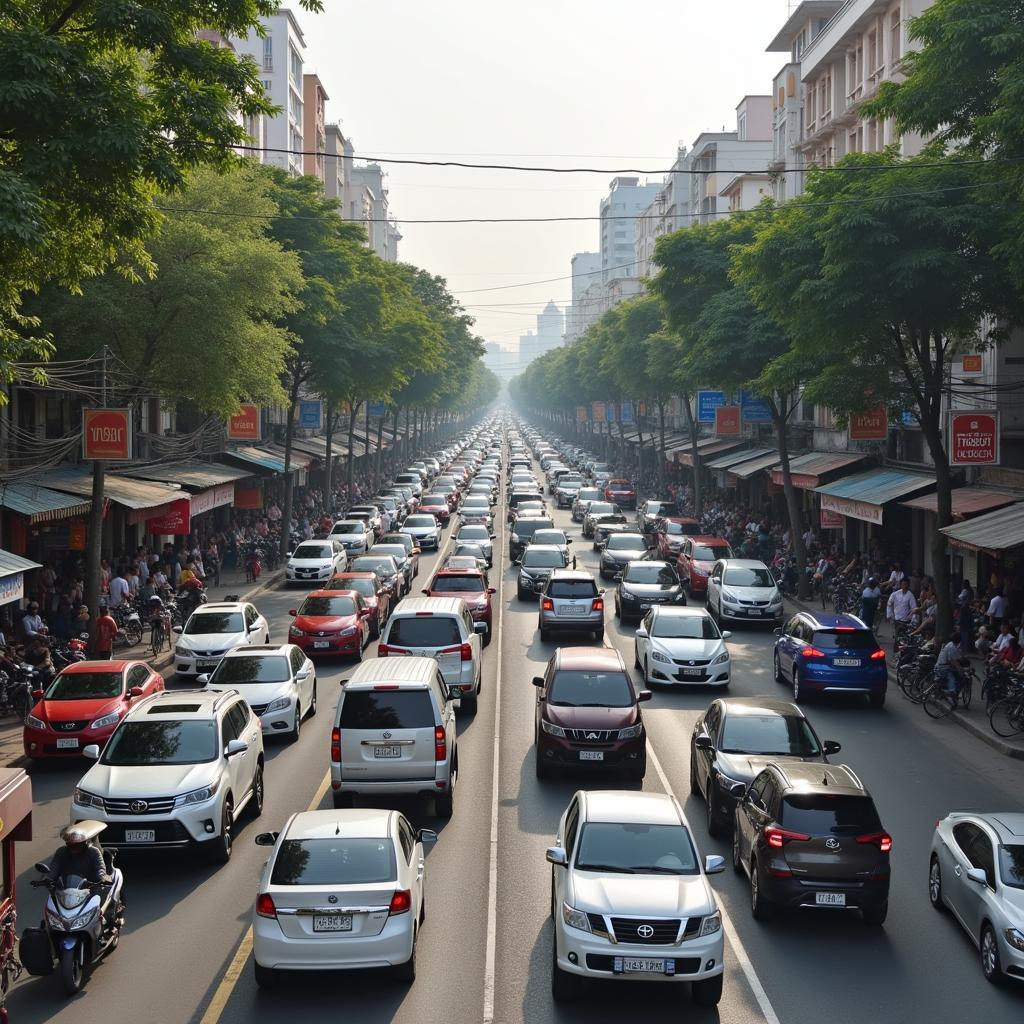 Giao thông sầm uất trên đường Lương Ngọc Quyến phường Đức Xuân với nhiều phương tiện qua lại và các cửa hàng kinh doanh hai bên đường