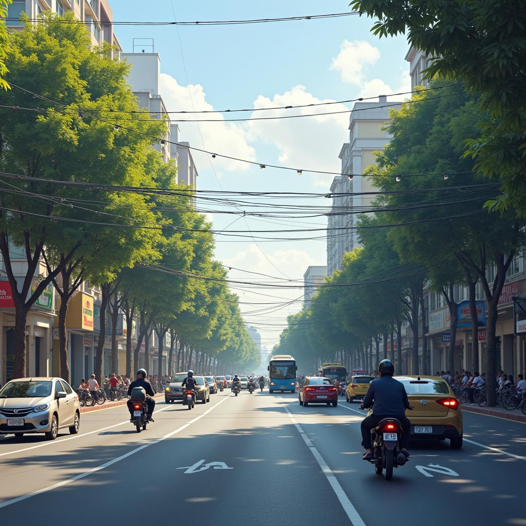 Hệ thống giao thông và phương tiện công cộng trên một tuyến đường chính tại Phường Xuân Đỉnh, Hà Nội