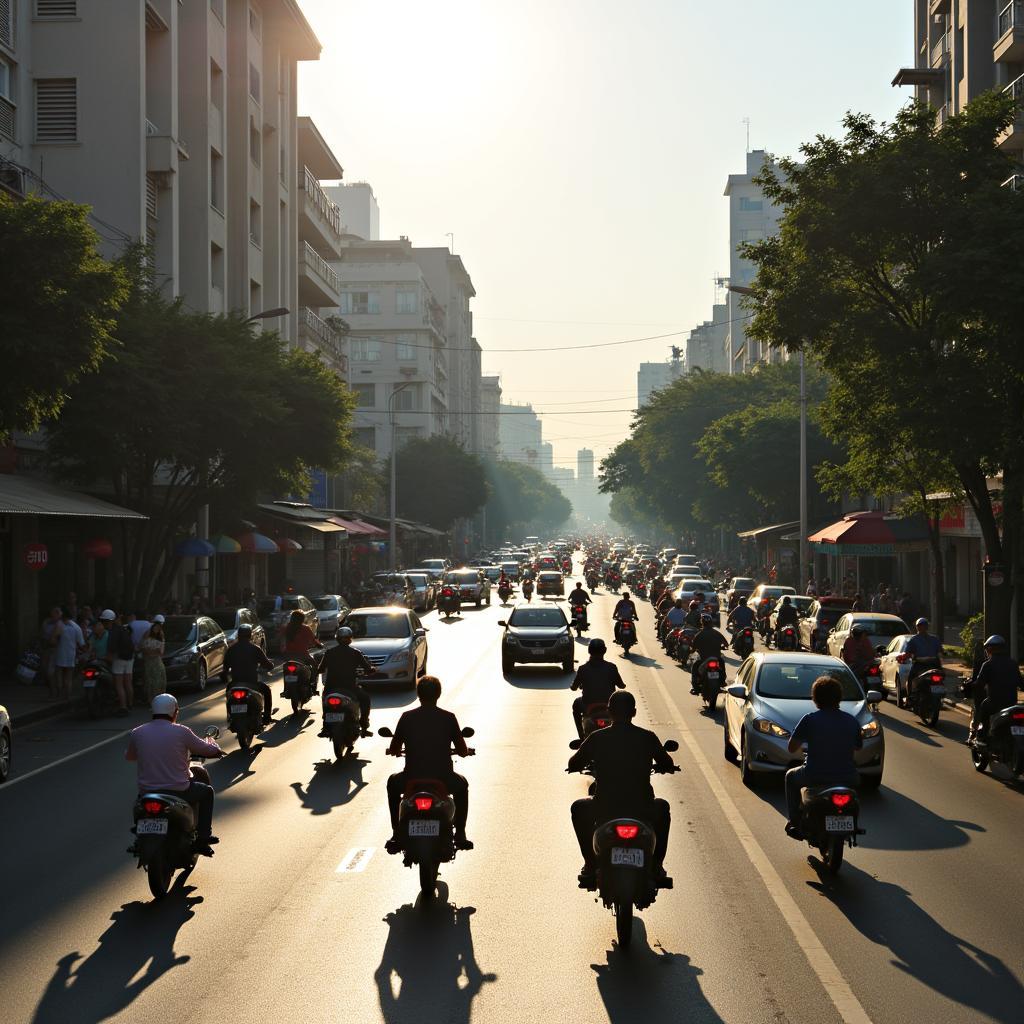 Giao thông tấp nập trên tuyến đường Hai Bà Trưng đoạn qua Phường Cầu Kiệu với nhiều phương tiện di chuyển dưới ánh nắng ban ngày