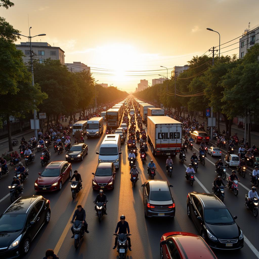 Dòng xe cộ đông đúc tại Ngã tư Xoài Đôi, Long An vào giờ cao điểm, phản ánh thực trạng giao thông phức tạp.