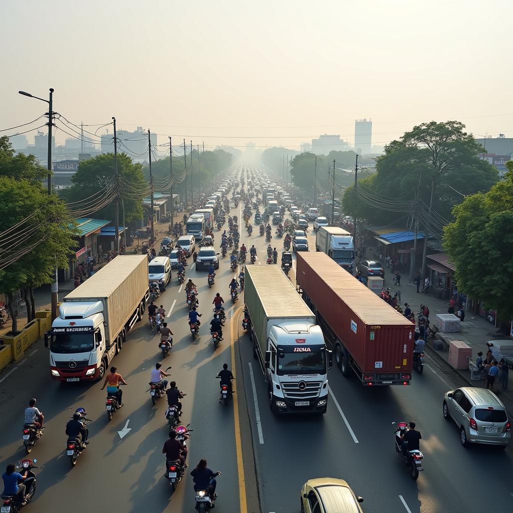 Hình ảnh giao thông đông đúc, ùn tắc tại Ngã tư Hiệp Phước, Nhơn Trạch vào giờ cao điểm.
