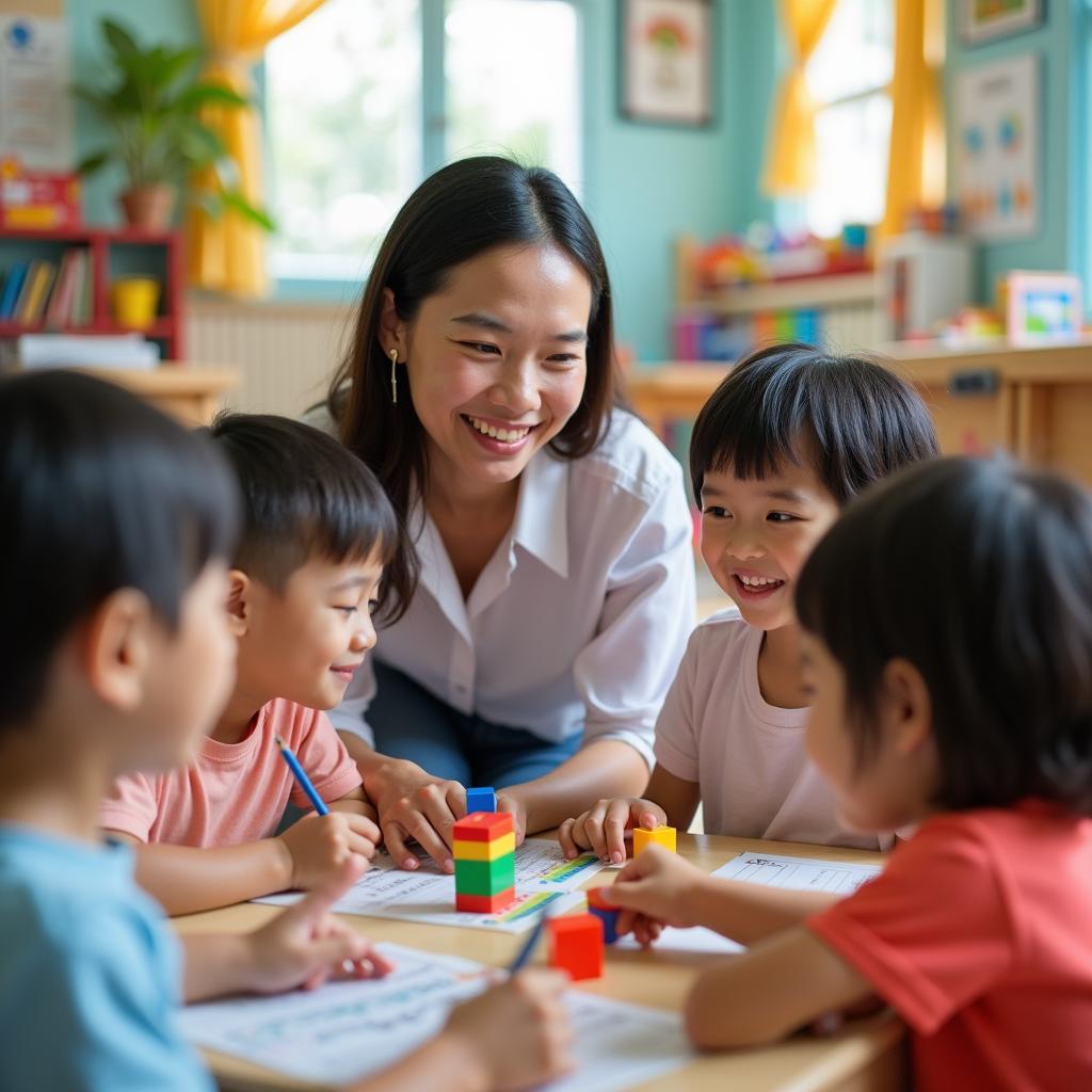Giáo viên Trường Mầm Non Việt Đức tận tâm tương tác và chăm sóc trẻ trong lớp học.