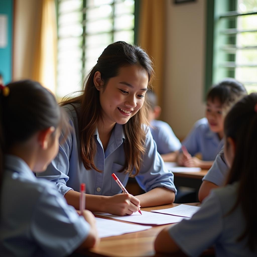 Một cô giáo tại Trường Tiểu học Phú Chánh đang ân cần hướng dẫn các em học sinh trong giờ học trên lớp