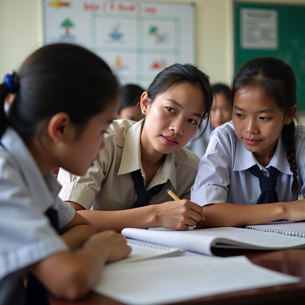 Một giáo viên trường THPT Phùng Khắc Khoan đang ân cần hướng dẫn bài cho học sinh trong một lớp học khang trang.