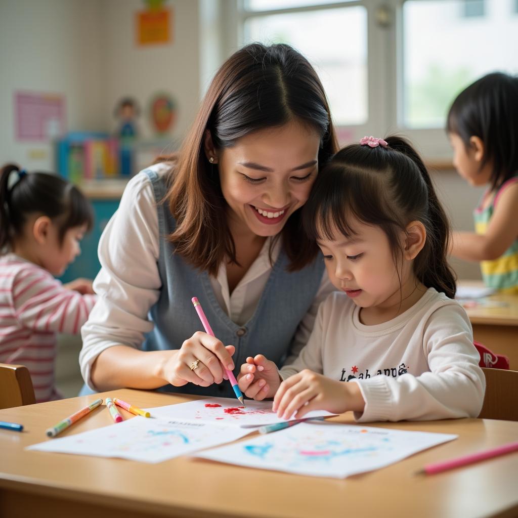 Giáo viên Trường Mầm non Hoa Linh tận tâm, yêu thương chăm sóc các bé như người mẹ hiền thứ hai.