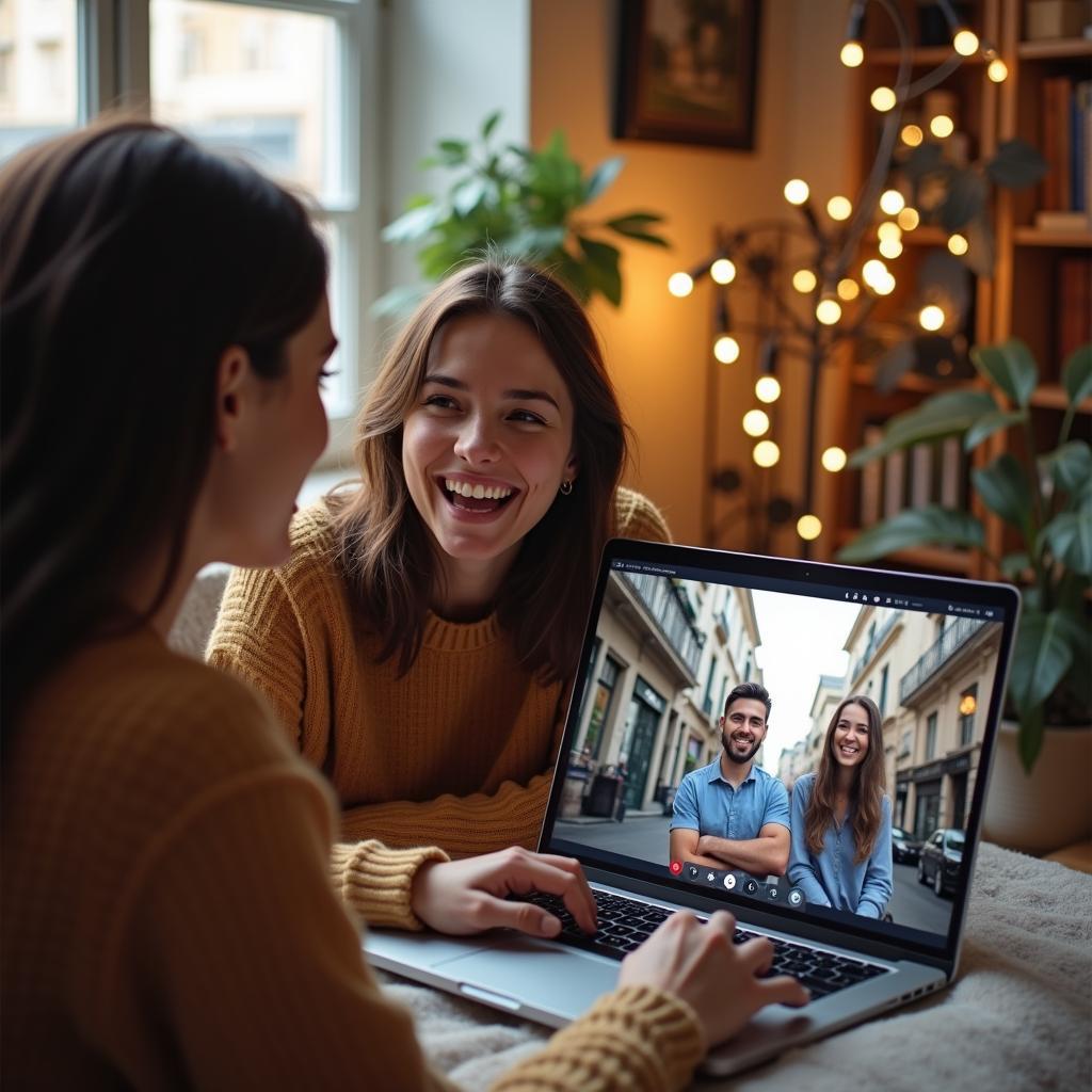 Hai người bạn thân mỉm cười nói chuyện qua cuộc gọi video, một người ở nhà và một người ở một thành phố khác, minh họa cho việc duy trì tình bạn xa cách.