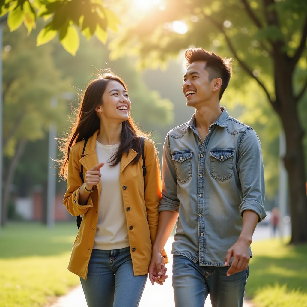 Hai người bạn khác giới cùng nhau đi dạo trong công viên, một cách hỗ trợ cảm xúc tích cực sau khi thất tình.