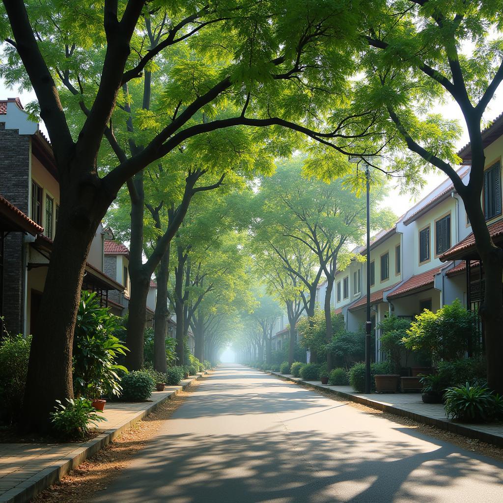 Một góc phố yên tĩnh và thanh bình đặc trưng tại Phường An Phú Đông, Quận 12, với cây xanh và nhà cửa san sát.