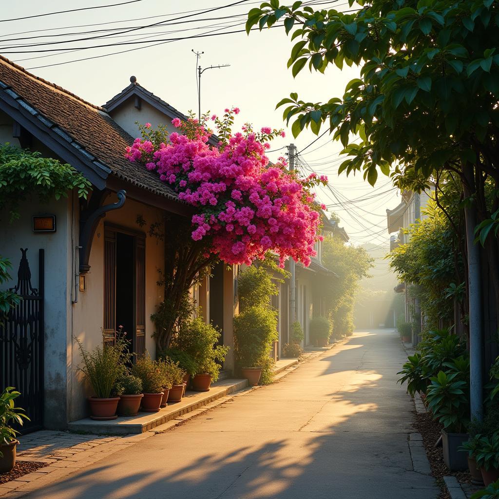Khung cảnh một góc phố bình yên tại Phường Nhiêu Lộc, Quy Nhơn với giàn hoa giấy rực rỡ