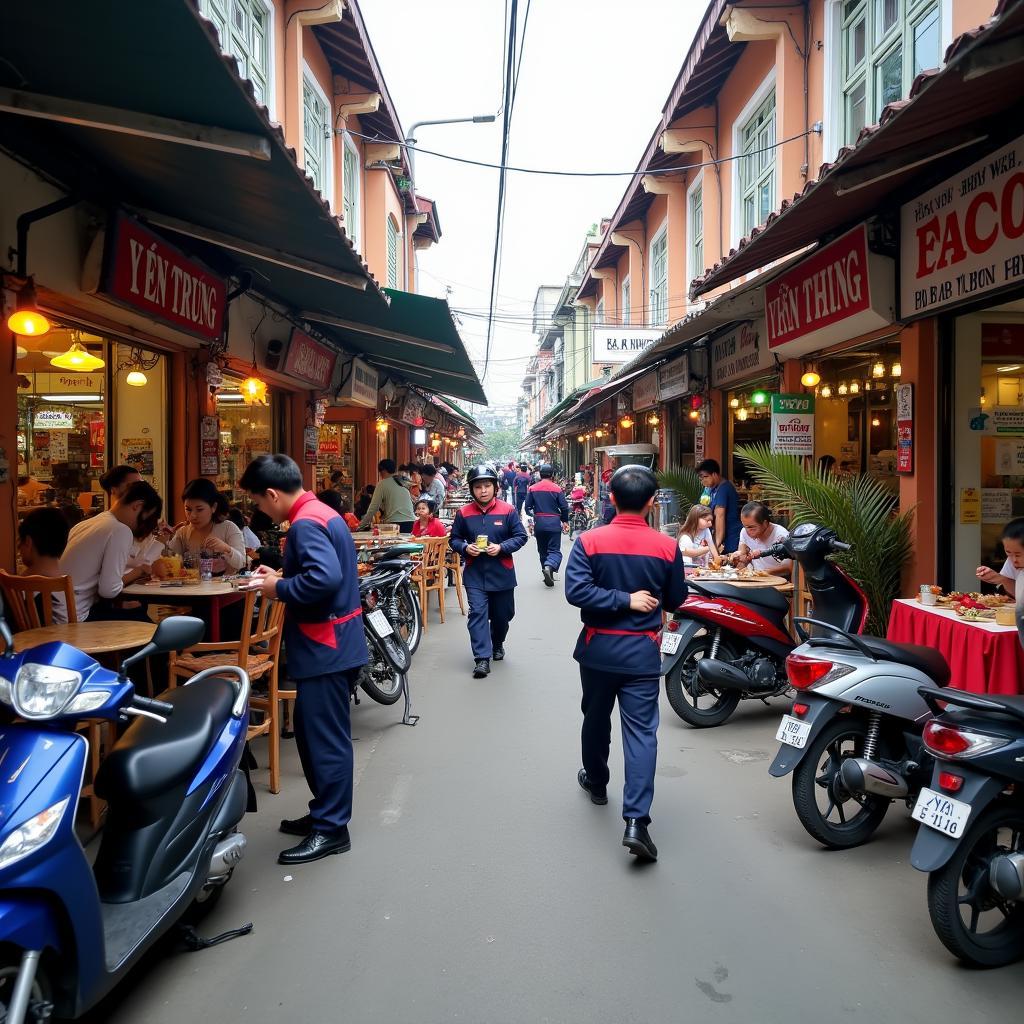 Một góc phố nhỏ nhộn nhịp tại xã Yên Trung, Bắc Ninh với các cửa hàng, quán ăn phục vụ người lao động trong khu công nghiệp, phản ánh đời sống sôi động.