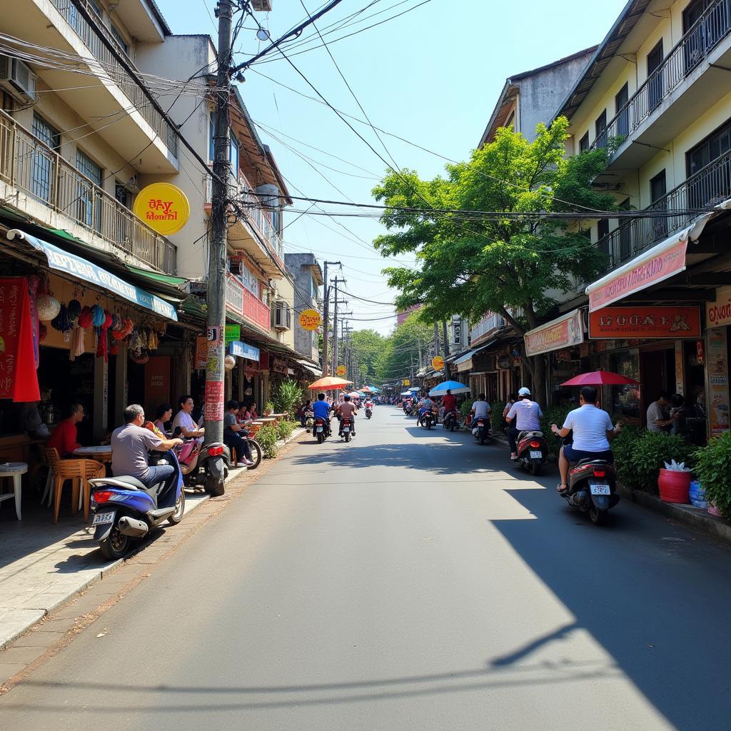 Một góc phố sầm uất tại phường Sông Công tỉnh Thái Nguyên với nhiều hàng quán và xe cộ qua lại