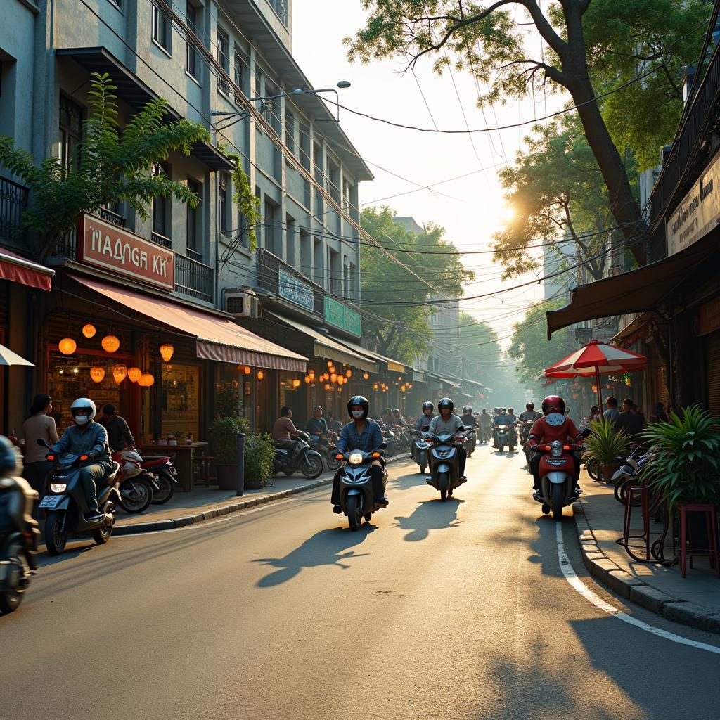 Một góc phố nhộn nhịp tại Phường Hòa Hưng Quận 10 với nhiều hàng quán và xe cộ qua lại