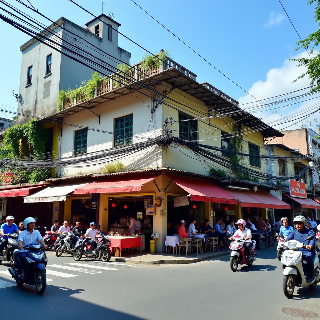 Một góc phố nhộn nhịp tại Phường Bình Thới Quận 11 với những hàng quán san sát và dòng người qua lại, thể hiện nhịp sống đặc trưng của Sài Gòn.