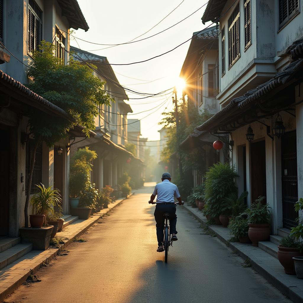 Hình ảnh một góc phố nhỏ yên bình tại phường Tùng Thiện, Sơn Tây với những ngôi nhà san sát và không khí trong lành.