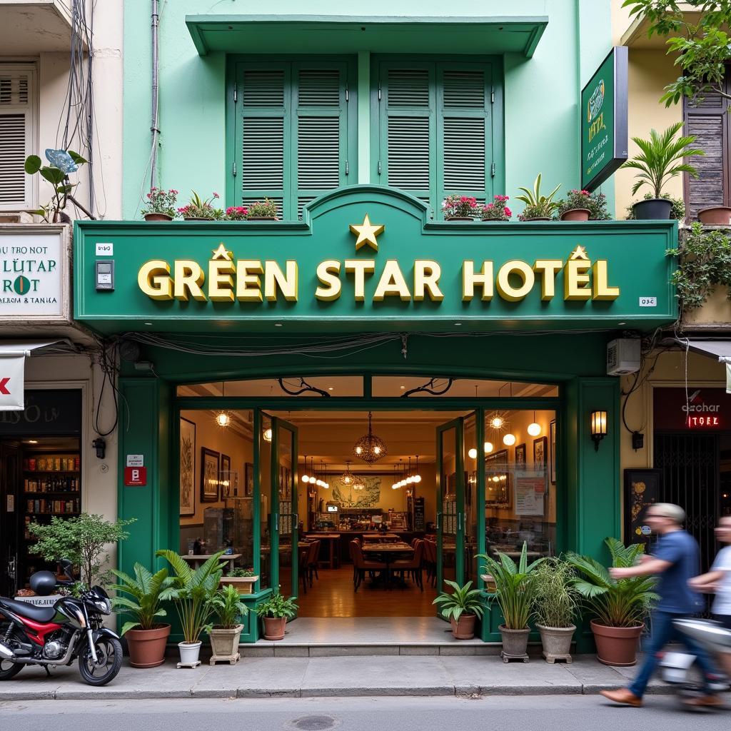 Hình ảnh mặt tiền Green Star Hotel 26 Đỗ Quang Đẩu, khu phố Tây Sài Gòn nhộn nhịp