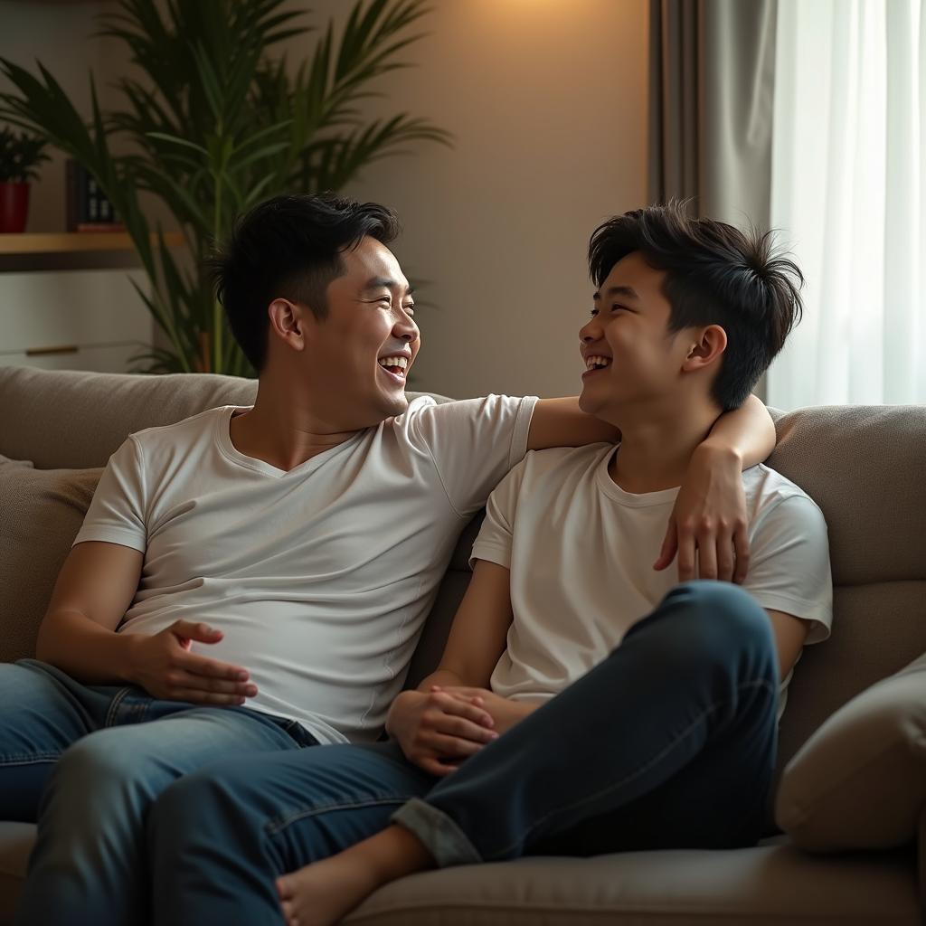 Hai anh em trai trưởng thành là bạn thân tri kỷ, chia sẻ khoảnh khắc vui vẻ, thể hiện sự gắn kết và thấu hiểu sâu sắc.