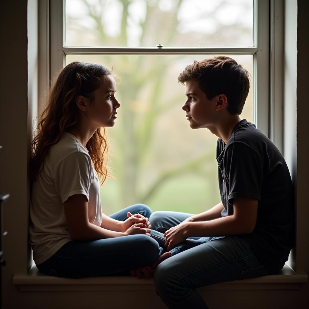 Hai anh em ngồi bên cửa sổ và trò chuyện một cách sâu sắc, thể hiện sự thấu hiểu và giải quyết mâu thuẫn trong mối quan hệ